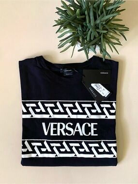 VERSACE - Black Tee with White Greek Key Greca Logo
